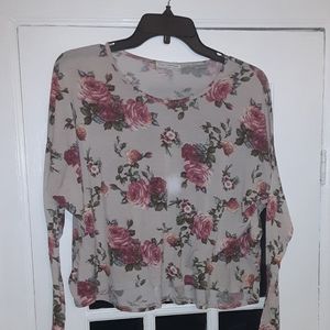 Body Central long sleeve flowy top rose pattern high low cut